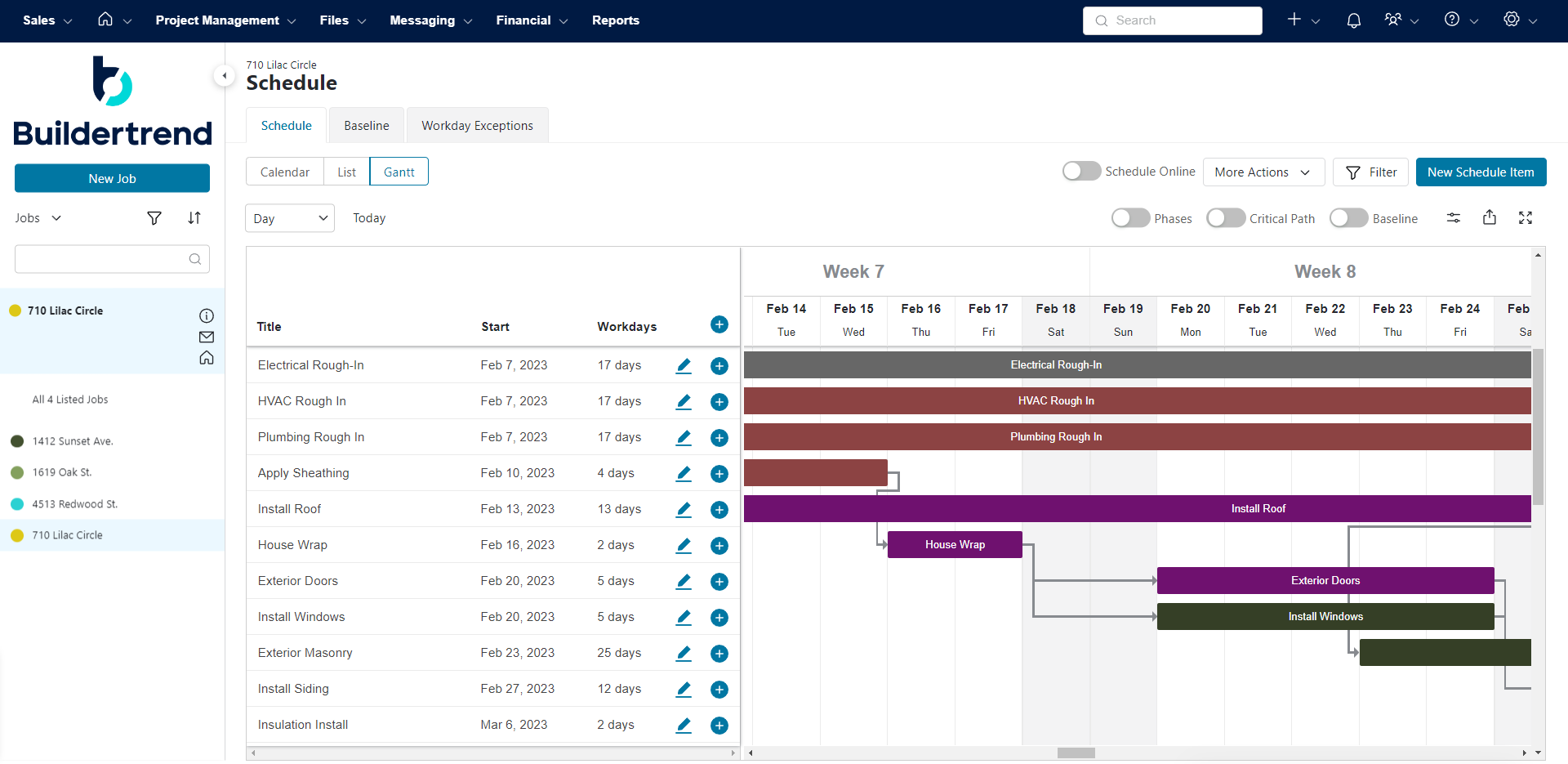 BuilderTrend's Gantt chart, key feature of any construction scheduling software