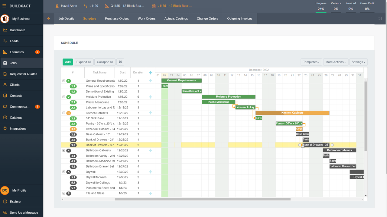 Buildxact Gantt chart, the main feature for construction scheduling of this software