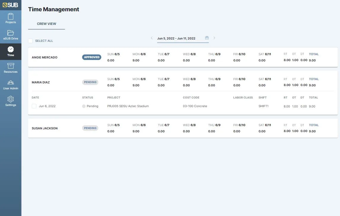 eSUB time tracking view, important feature of this construction scheduling software