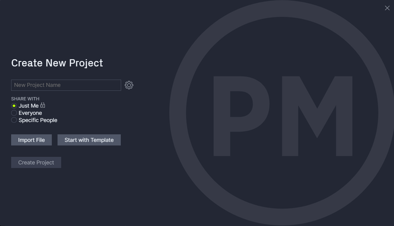 Create a new project in ProjectManager