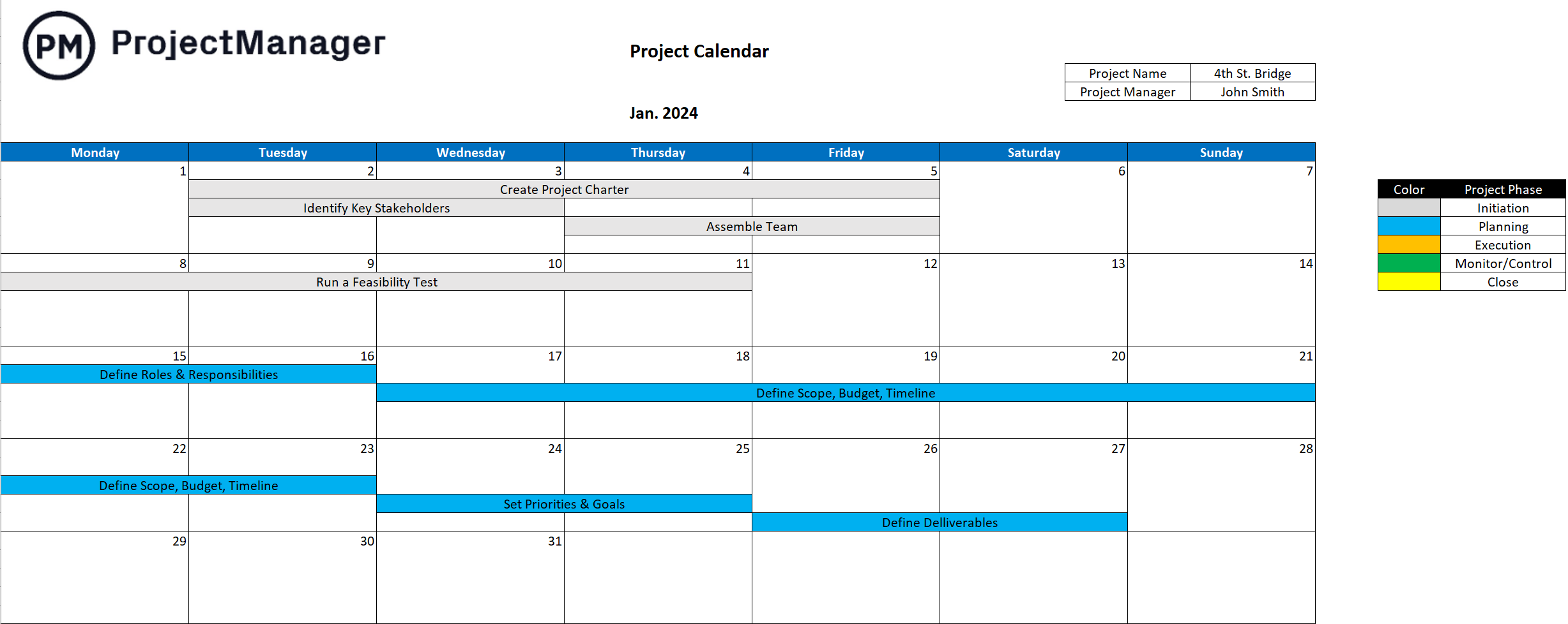 ProjectManager's free project calendar template for Excel