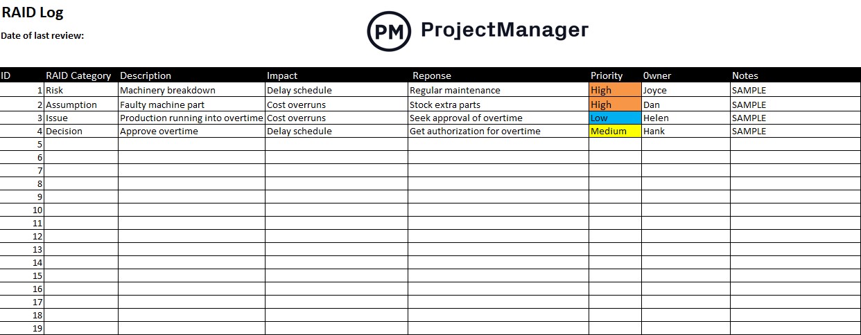 ProjectManager's free RAID log template for Excel