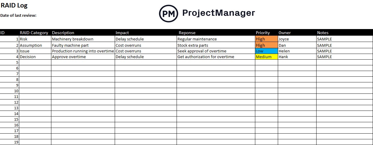 RAID Log Template for Excel (Free Download) - ProjectManager