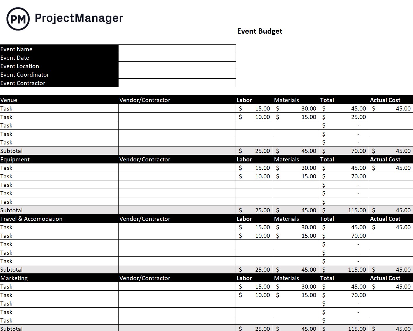ProjectManager's event budget template