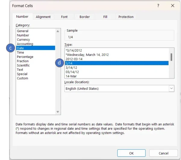 Format cells window showing options to format cells into date format