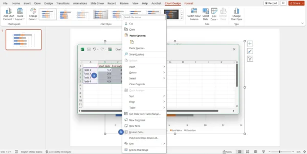 Edited PowerPoint Gantt chart data table showing tasks and due dates in date format