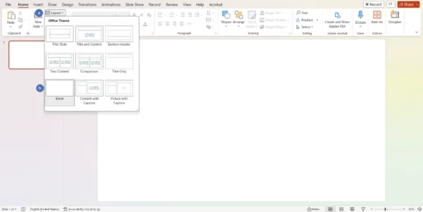 PowerPoint slide with a blank layout, the first step into creating a PowerPoint Gantt chart