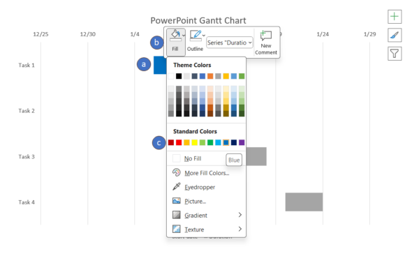 Process showing how to customize PowerPoint Gantt chart bar colors