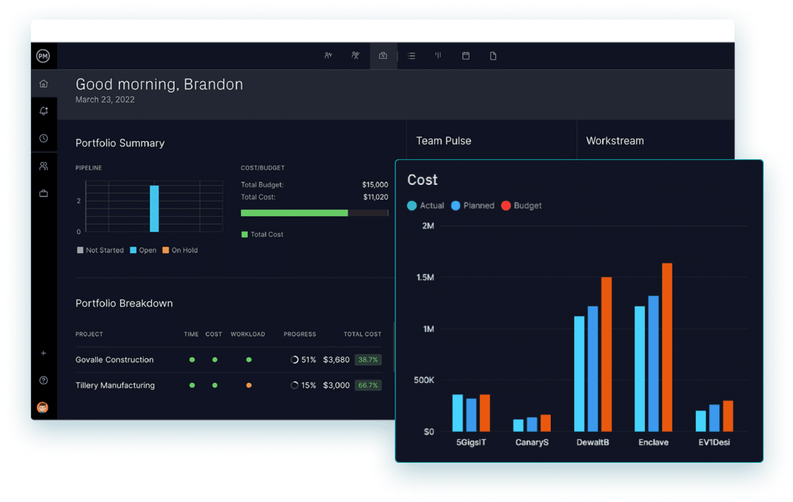 Project reporting software showing a bar chart