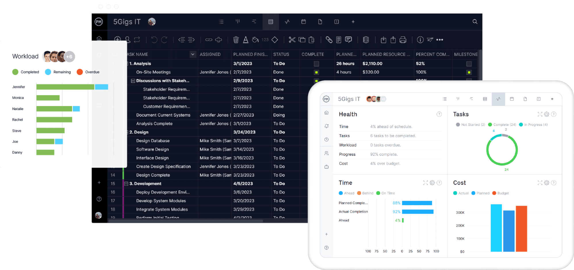 IT project management software with a spreadsheet, resource schedule and workload graph