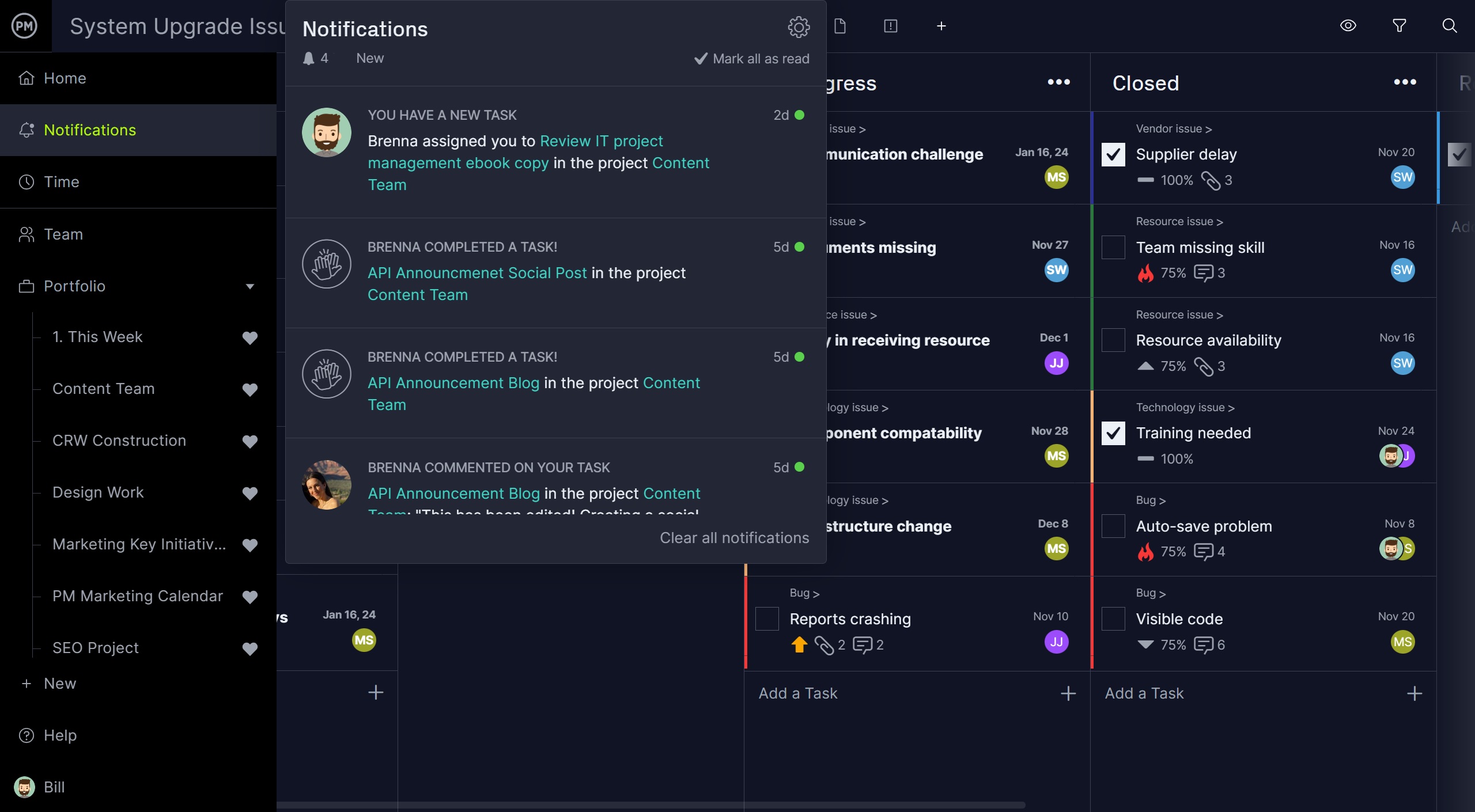 ProjectManager's kanban board with notifications window