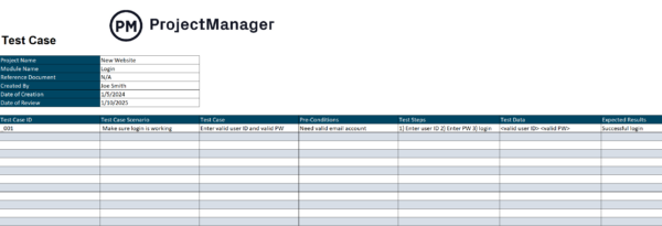 ProjectManager's test case template for excel