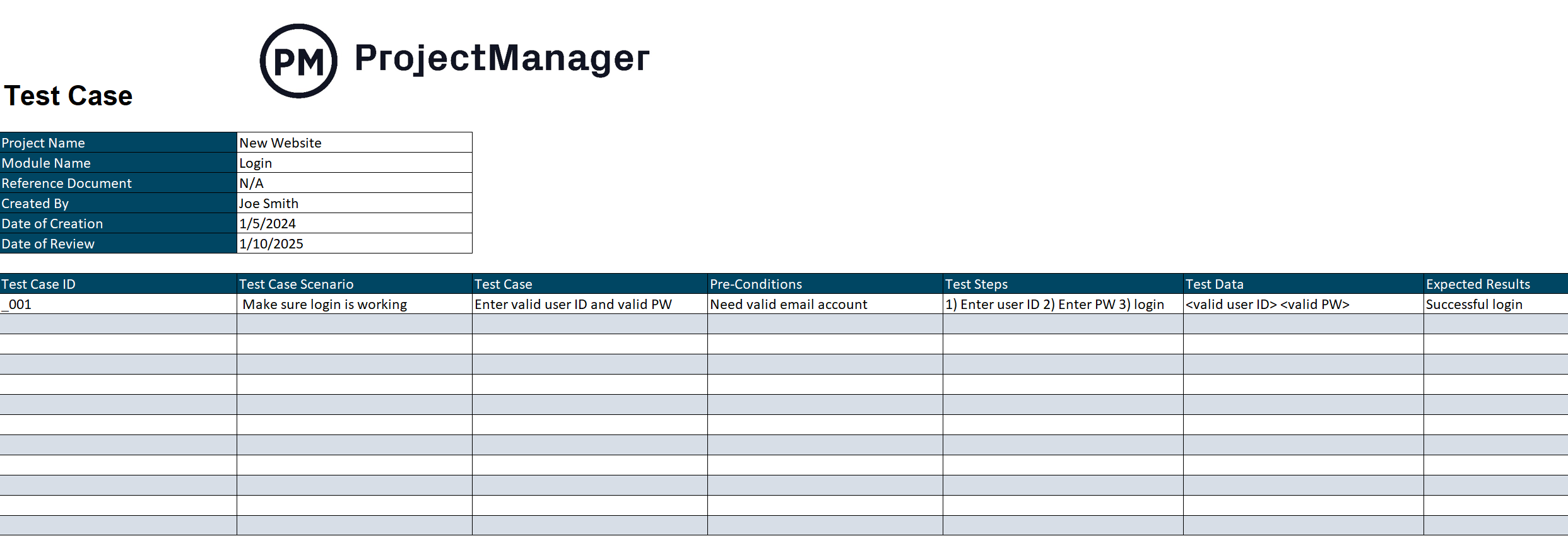 ProjectManager's free test case template for Excel