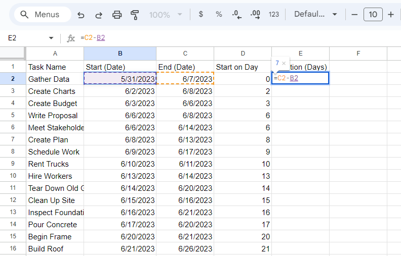 Gantt chart Google Sheets - task duration formula
