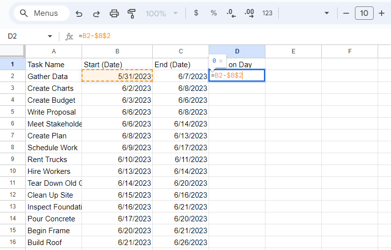 Gantt chart Google Sheets - task formula