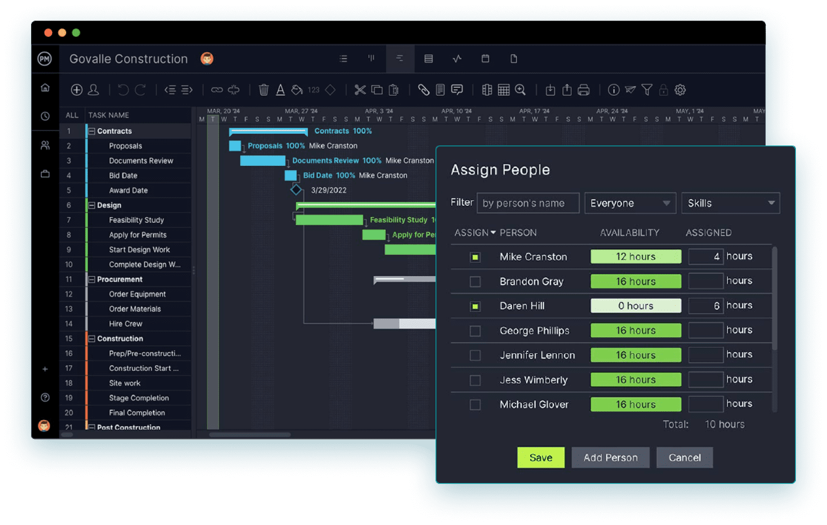 Resource planning software with a real-time Gantt chart