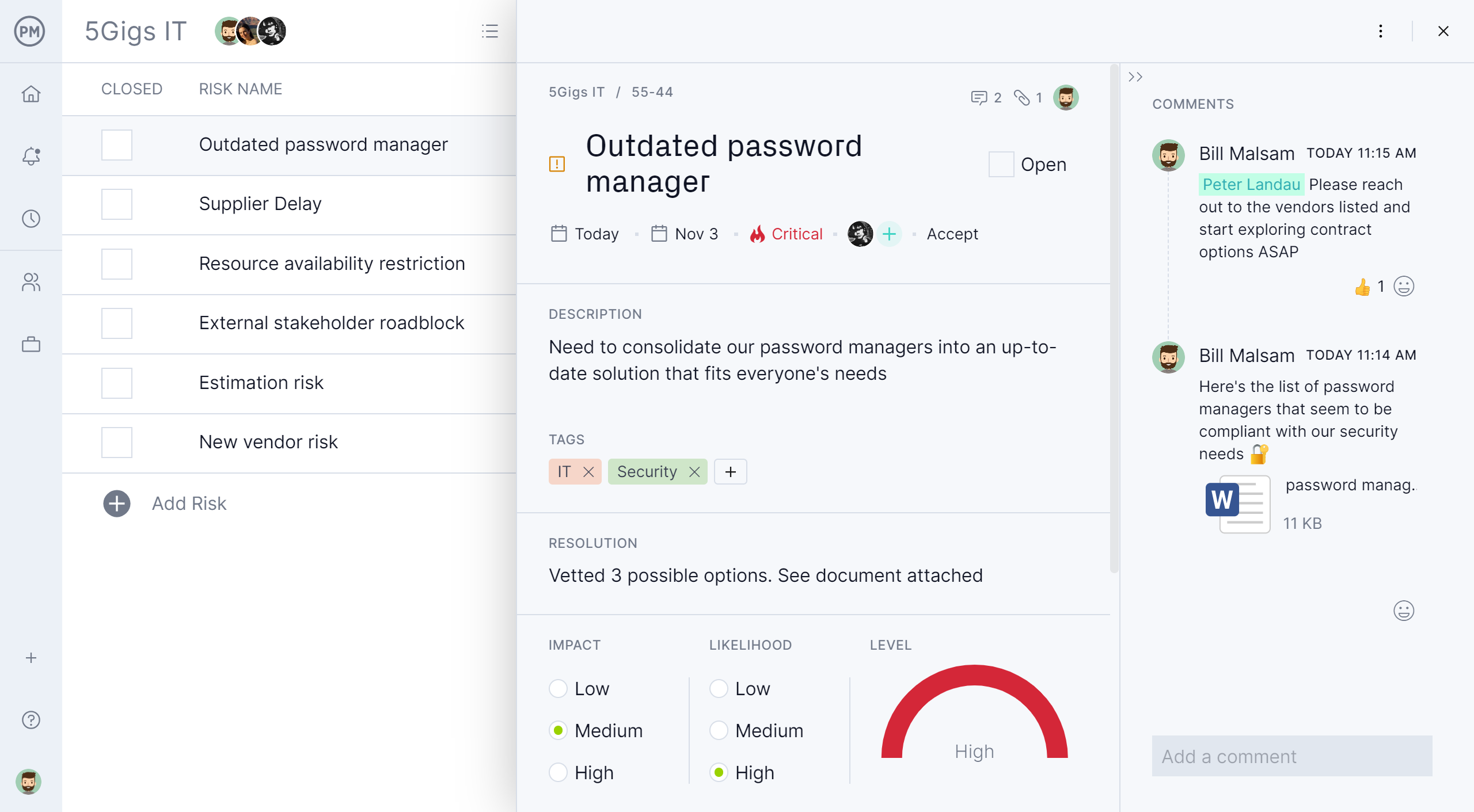 Risk management RAID card in ProjectManager
