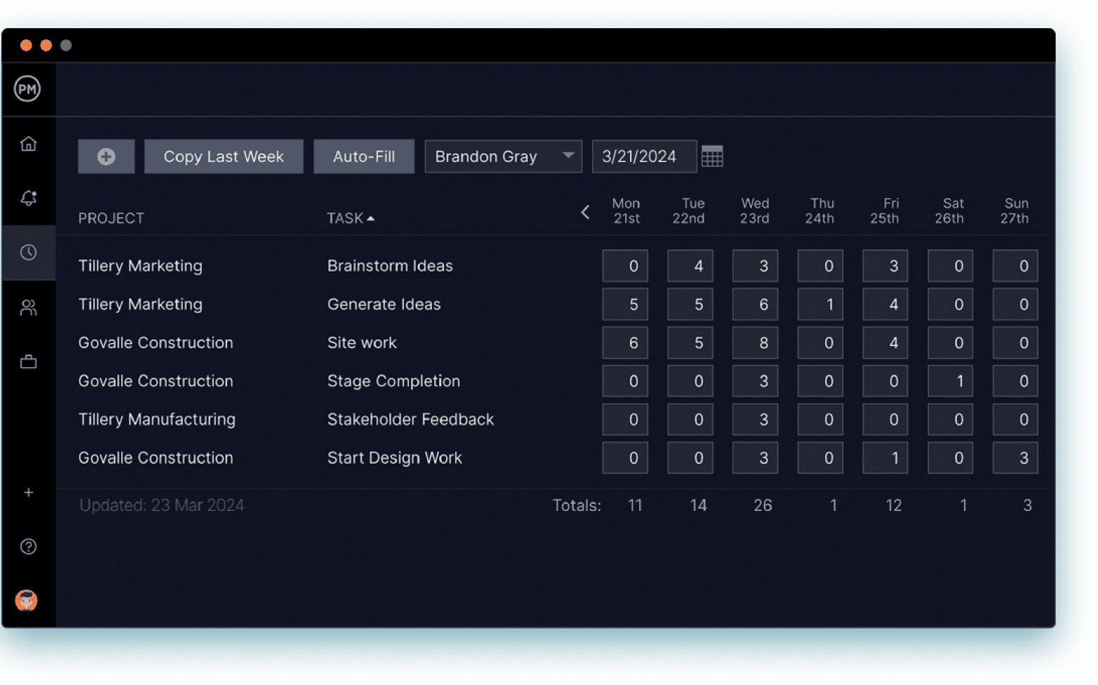 Project time management tool with automatic timesheets