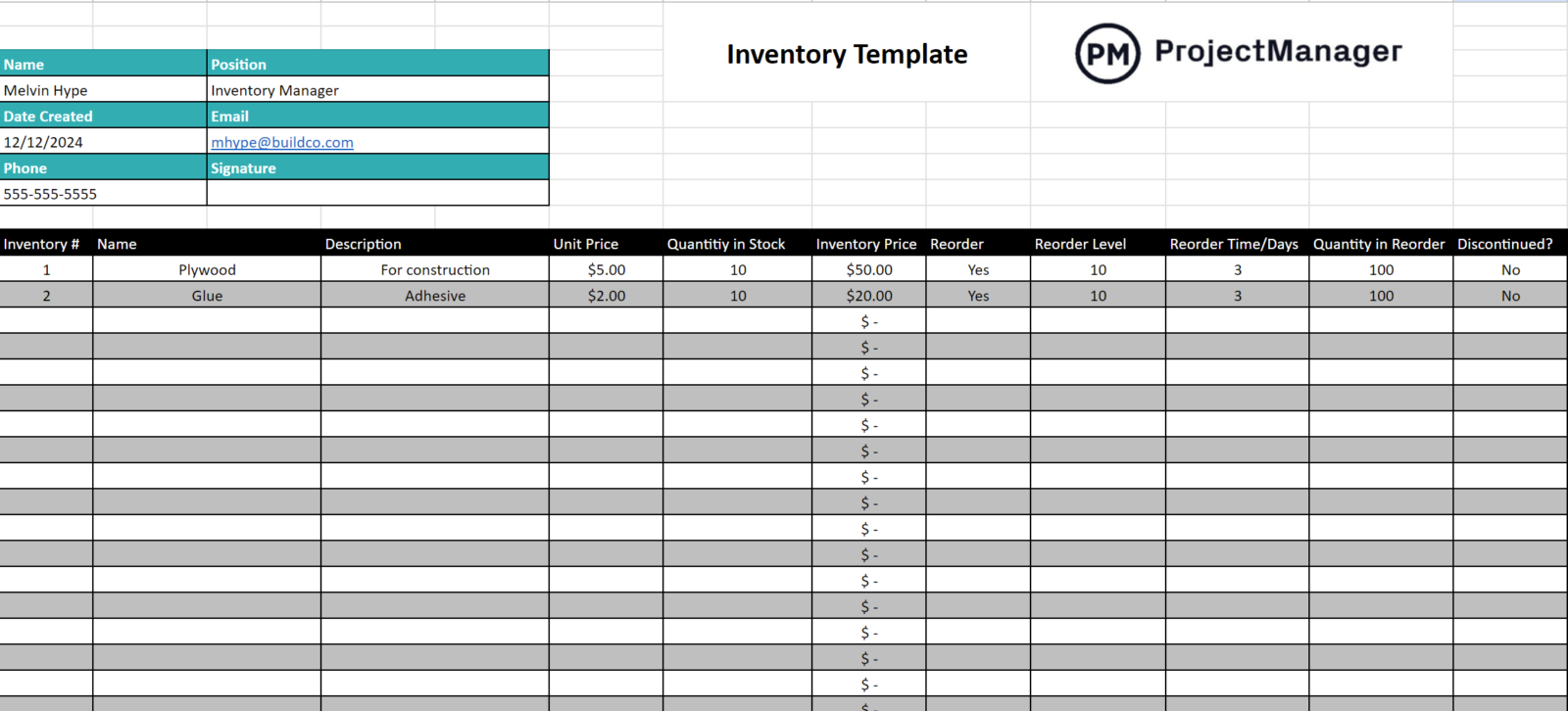 inventory template for Excel