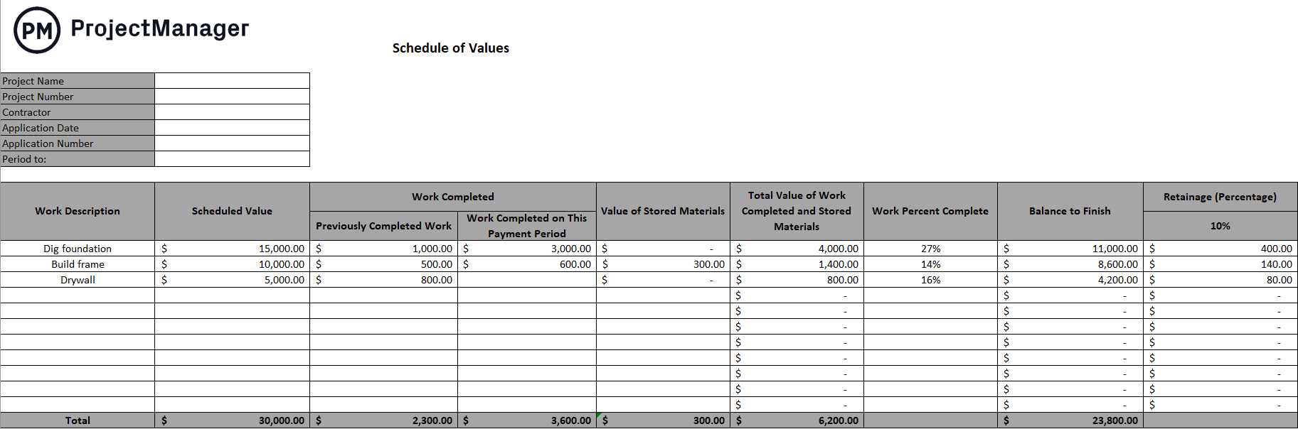 Schedule of Values template for Excel