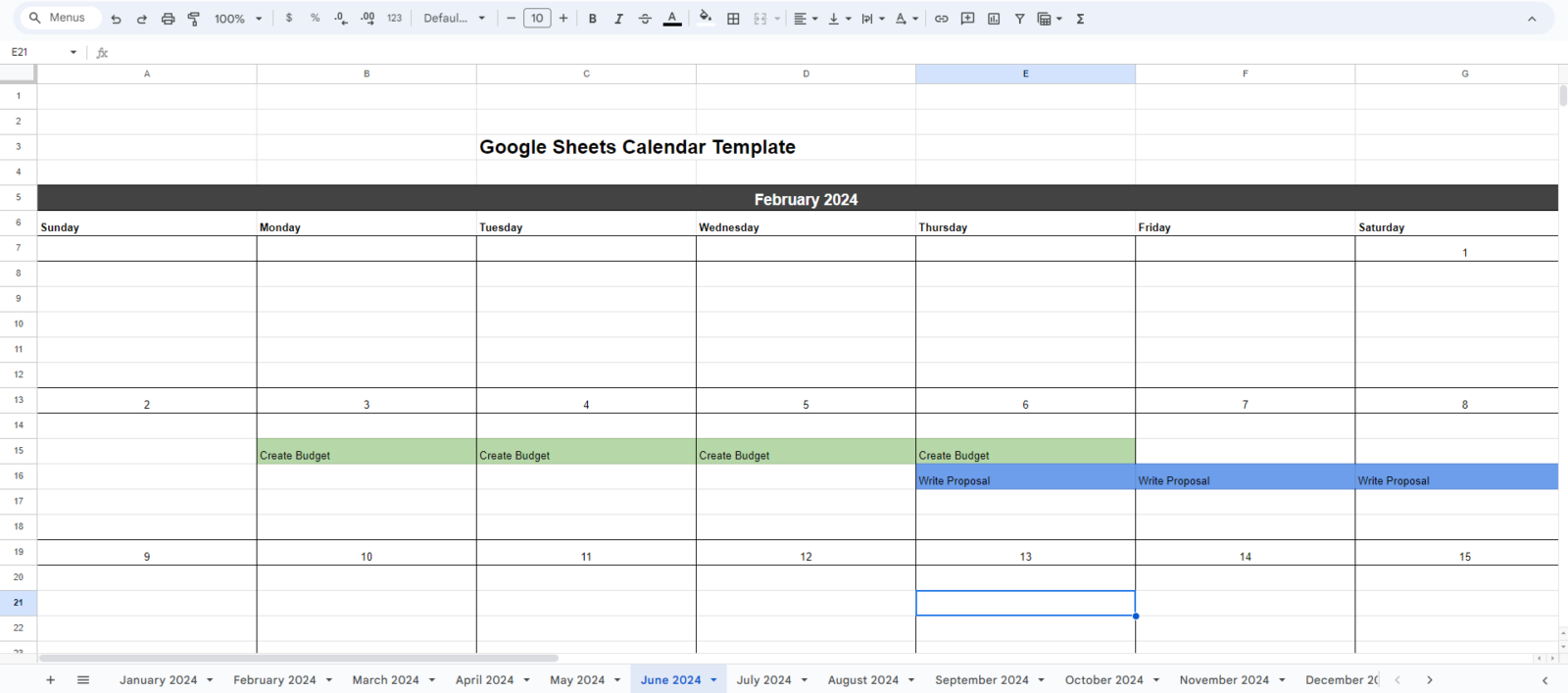 Color-code tasks Google Sheets Calendar template ProjectManager