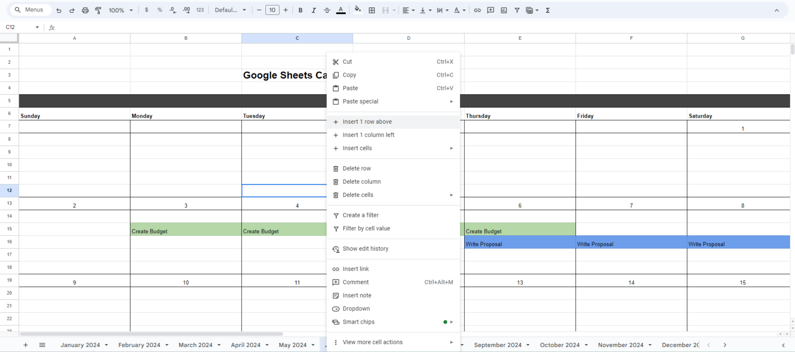 Google Sheets calendar template ProjectManager add rows