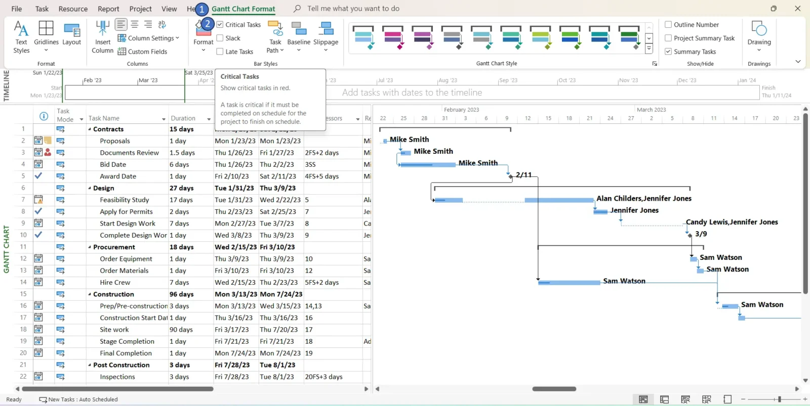 steps to identify the critical path tasks of a project with a Microsoft Project Gantt chart