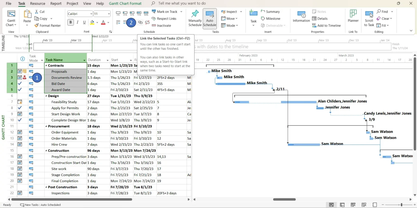 task dependencies on a Microsoft Project Gantt chart