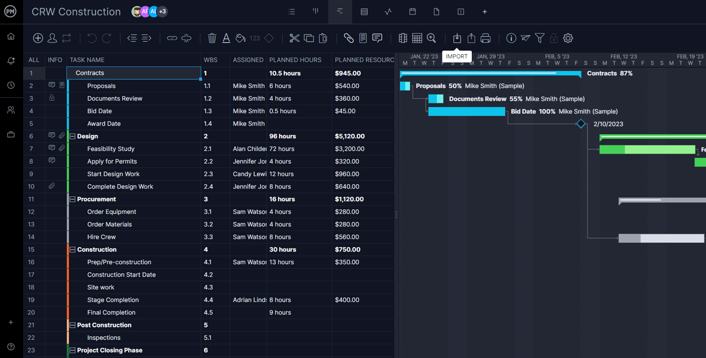 Import an MPP file on the ProjectManager Gantt chart