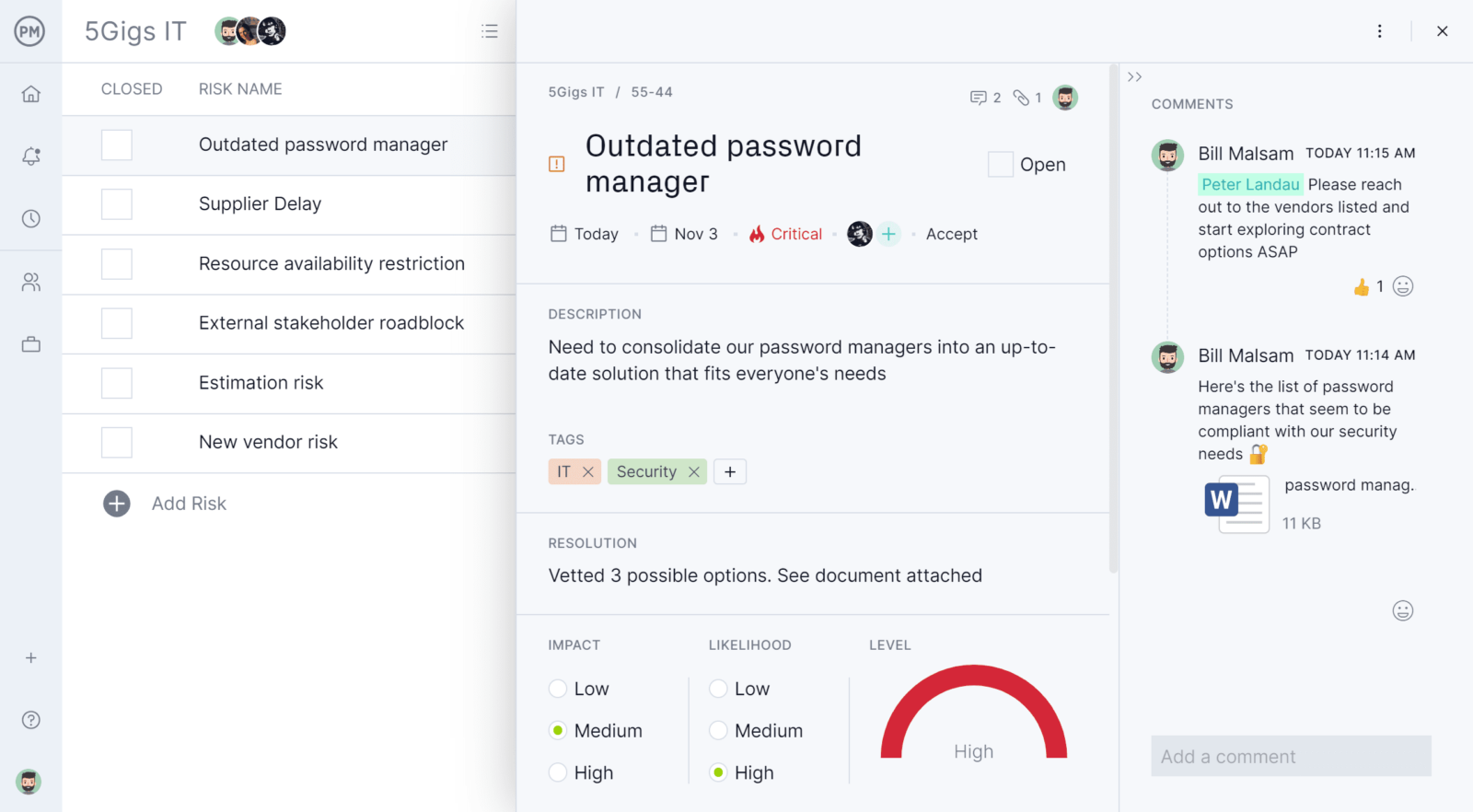 Risk view in ProjectManager