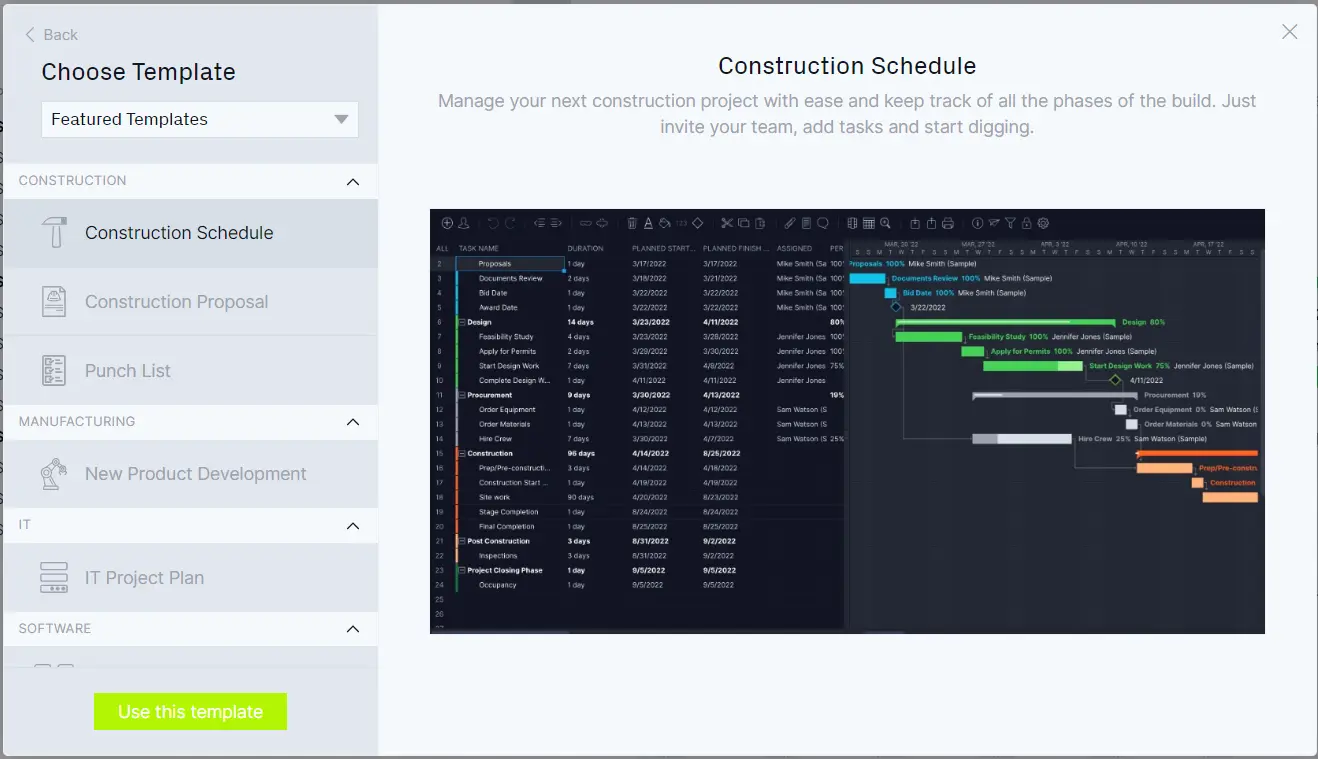 construction gantt chart schedule template by ProjectManager
