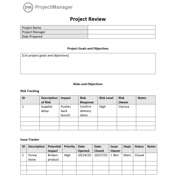 ProjectManager's project review template for Word.