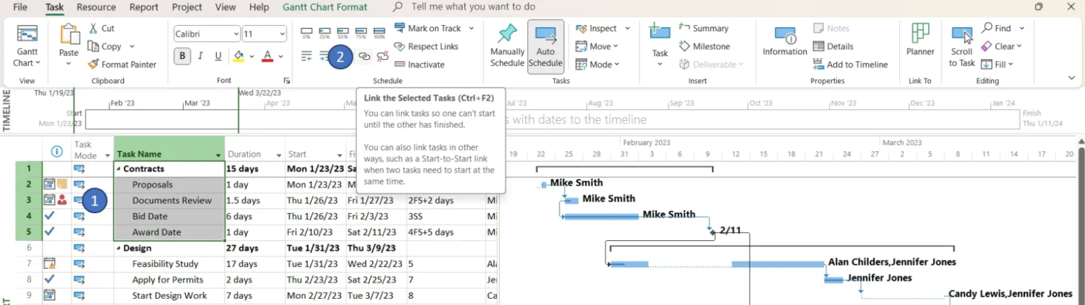 task dependencies on a Microsoft Project Gantt chart