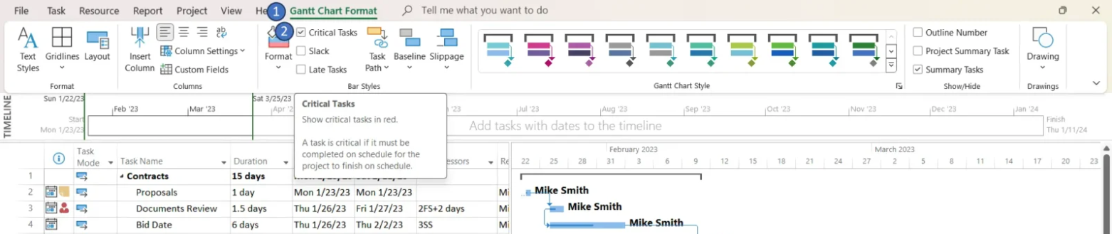 steps to identify the critical path tasks of a project with a Microsoft Project Gantt chart