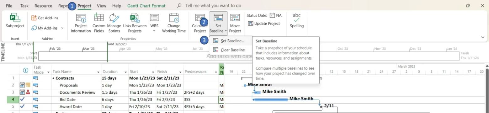 how to set up a project baseline with a microsoft project gantt chart