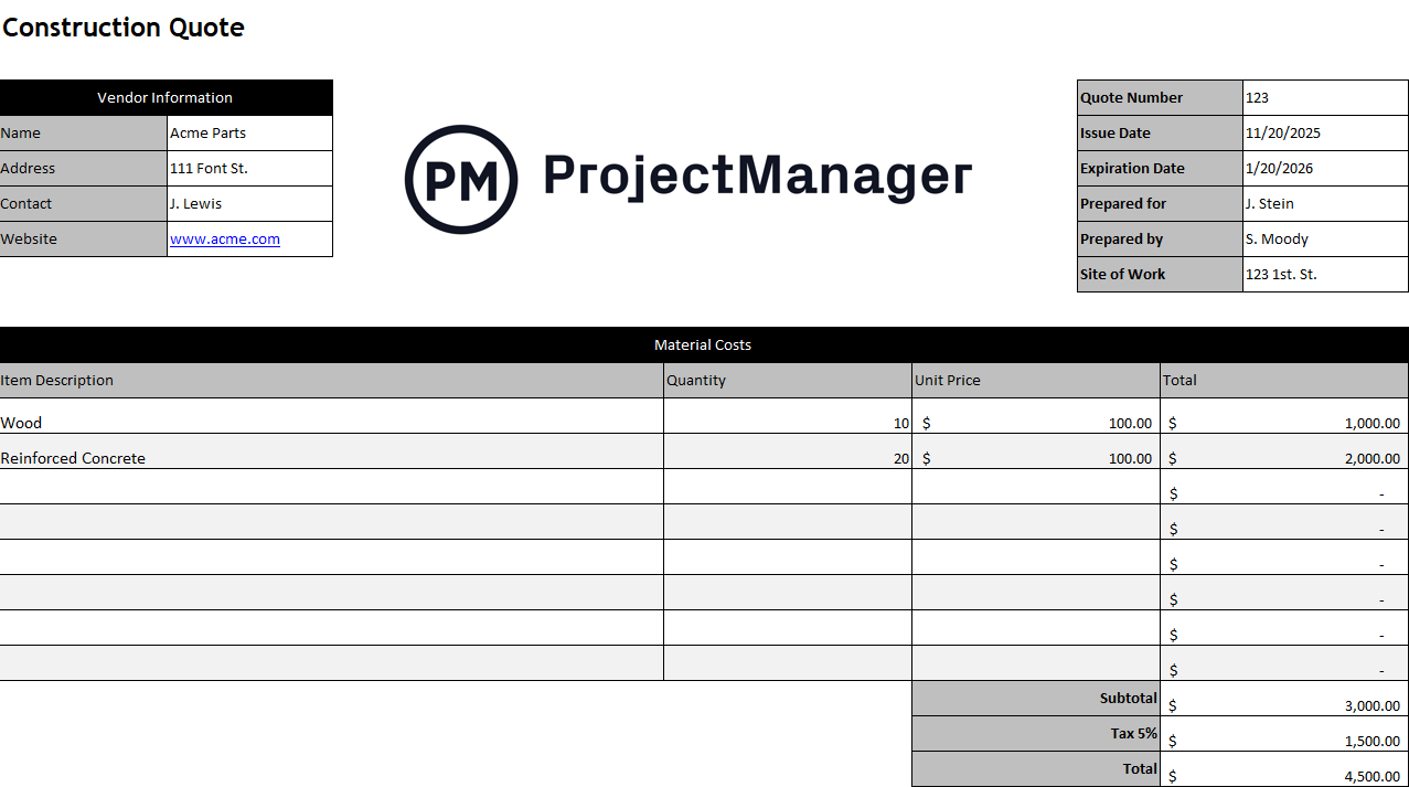 ProjectManager's construction quote template for Excel