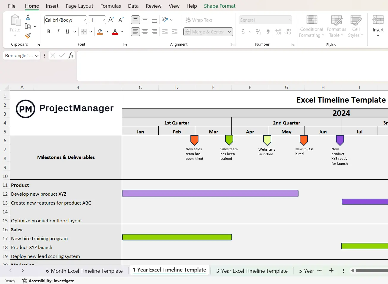 task bar being edited in ProjectManager's timeline template for Excel