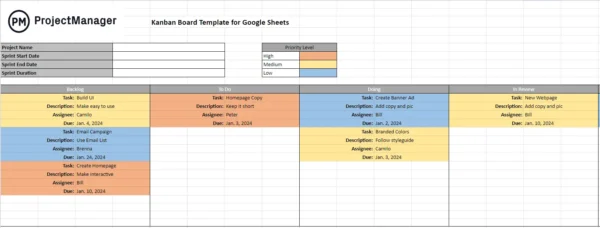Google Sheets project management, kanban board
