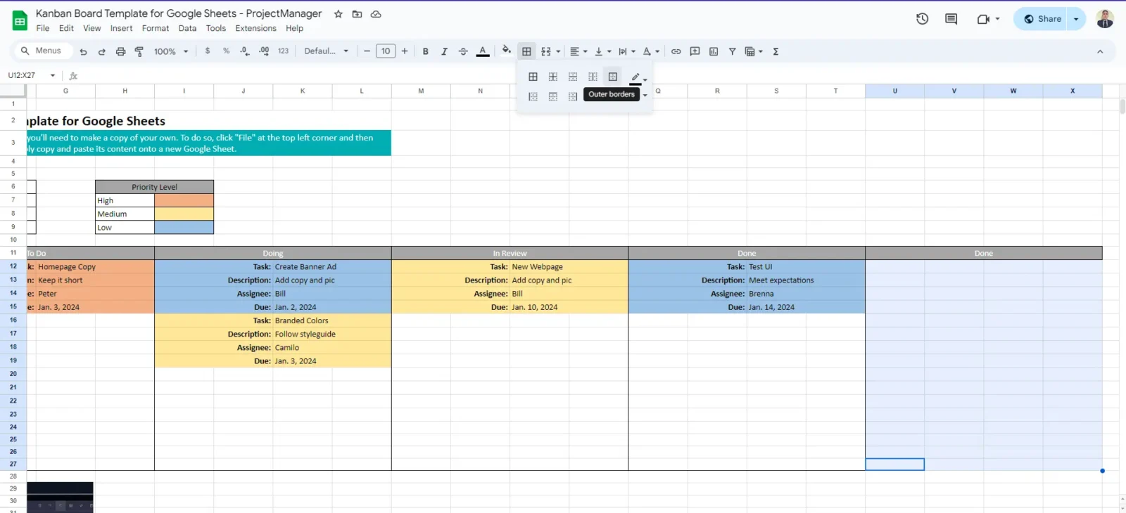 adding an extra column to the kanban board for Google Sheets