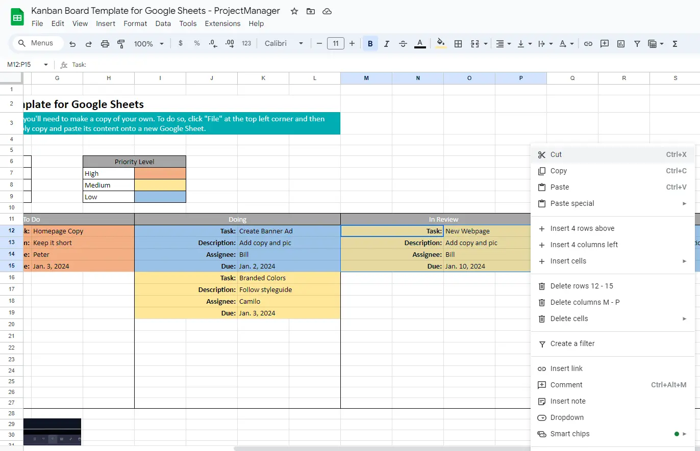 cutting a kanban card to move it to the next column using a free Google Sheets kanban board