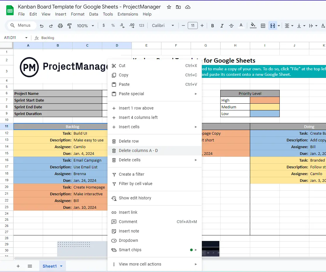 deleting a column from the kanban board template for Google Sheets