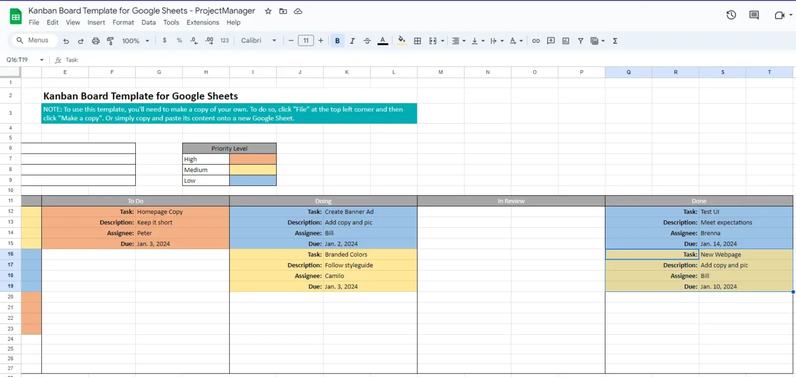 Final step to move a kanban card in the kanban board for Google Sheets by ProjectManager