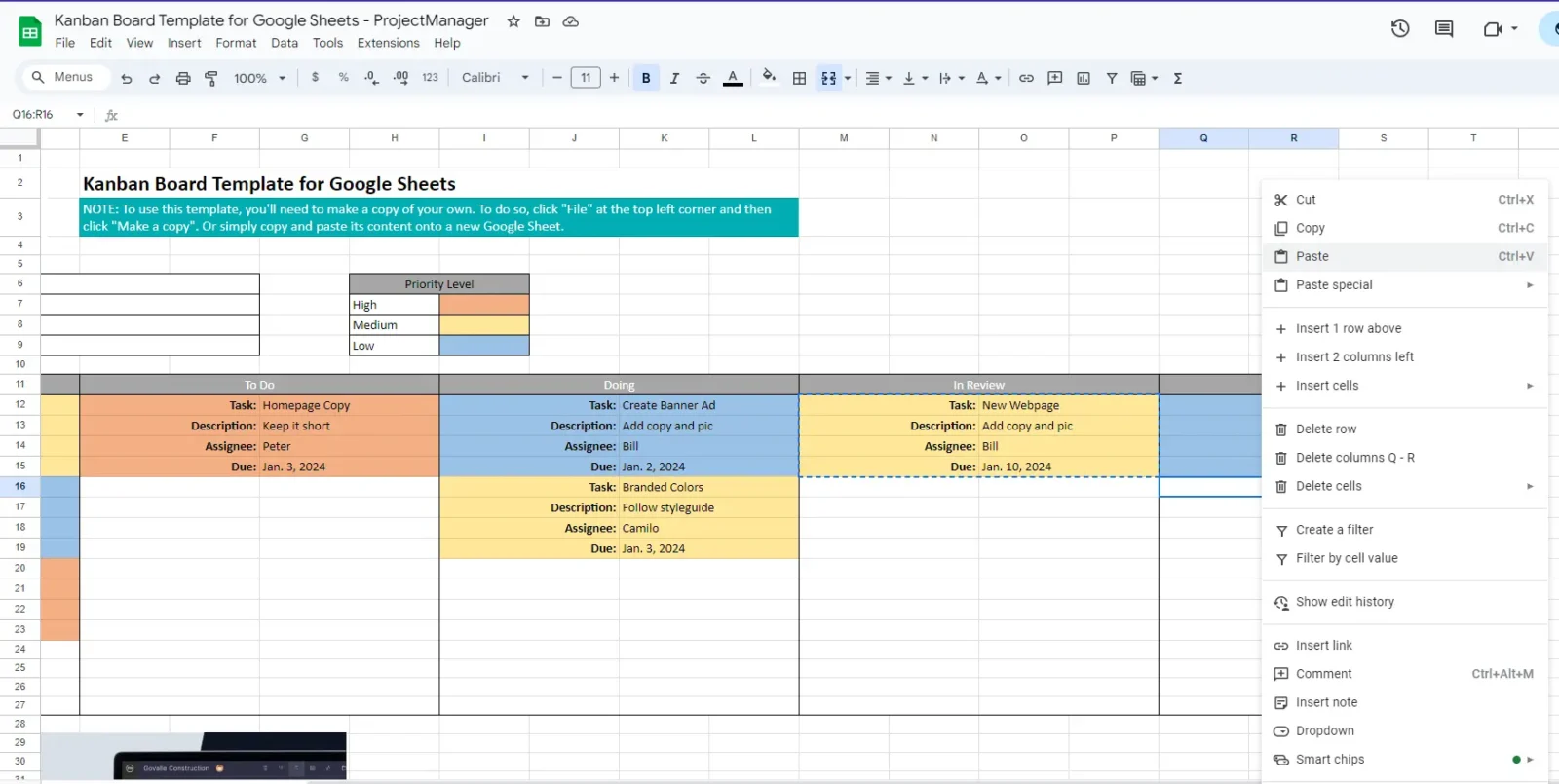 pasting a kanban card into a new column using the free Google Sheets kanban board from ProjectManager