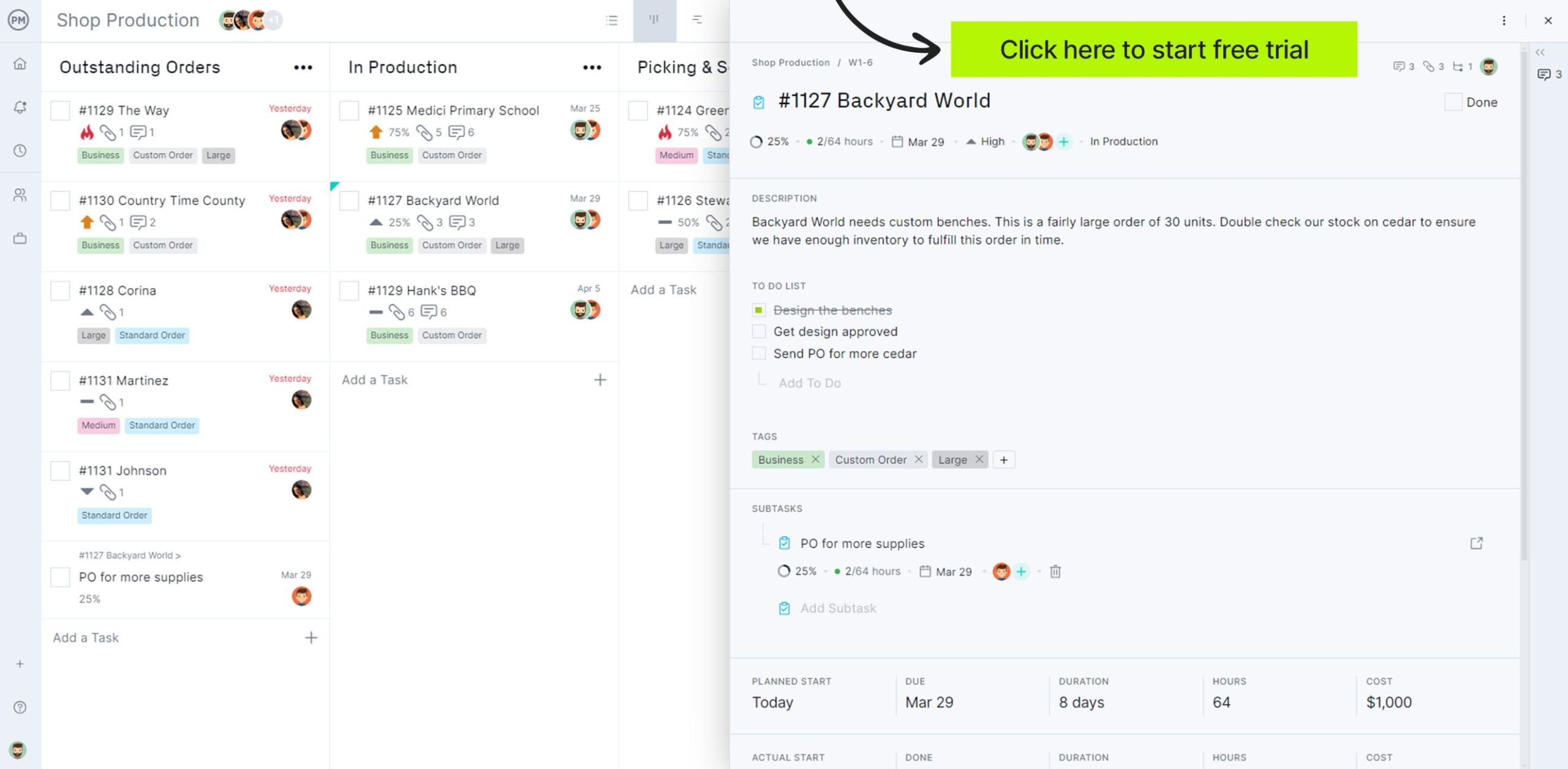 ProjectManager's kanban board with task card