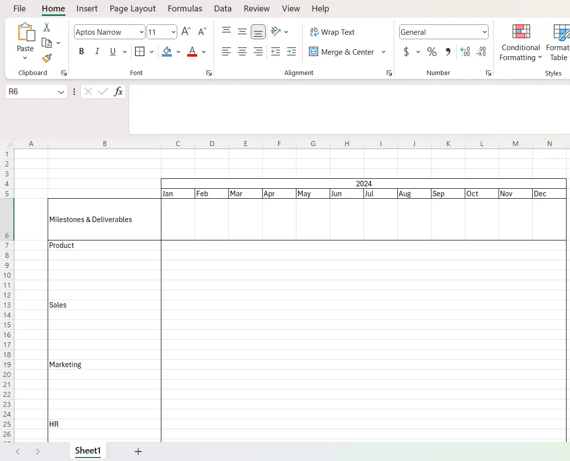 This timeline template contains a milestone and deliverables rows for each team member