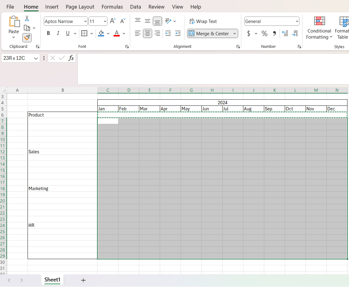Repeat the last step for all the rows that make part of the timeline template for Excel
