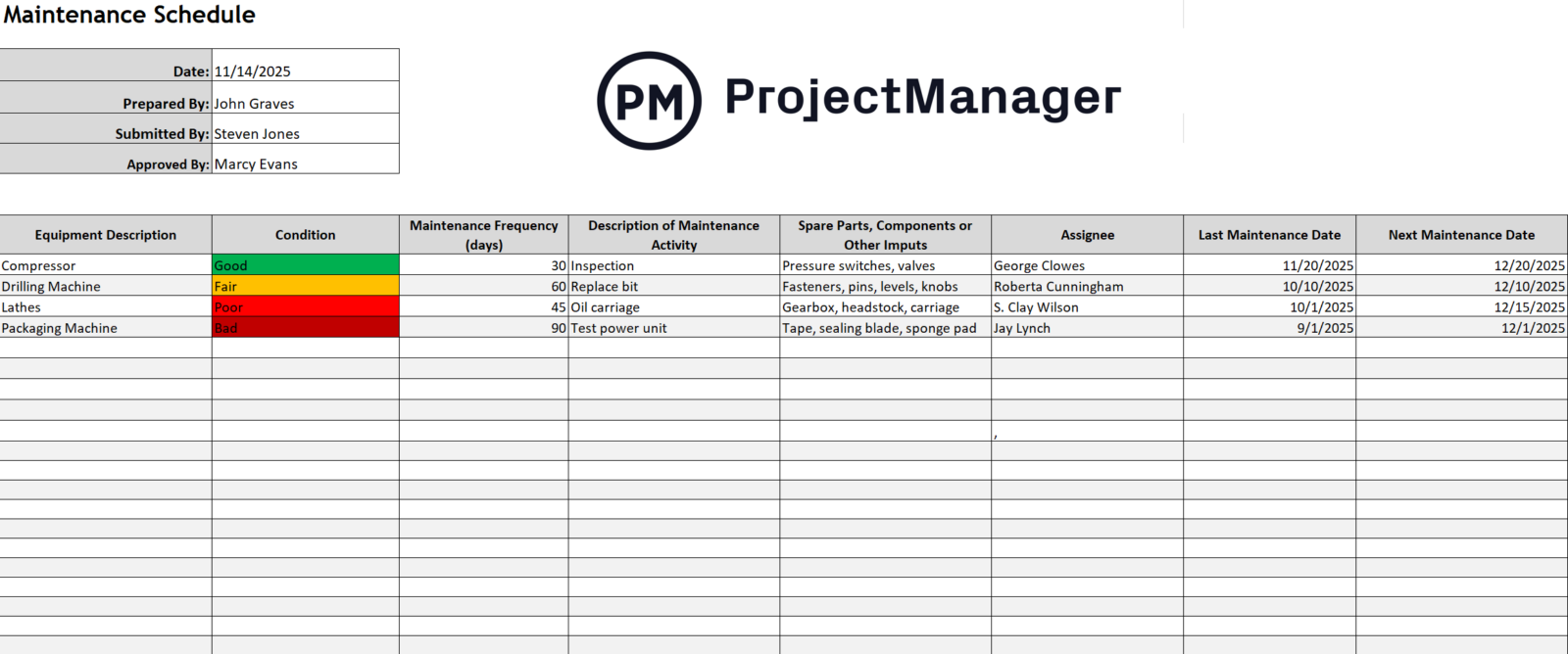 Maintenance schedule template for Excel