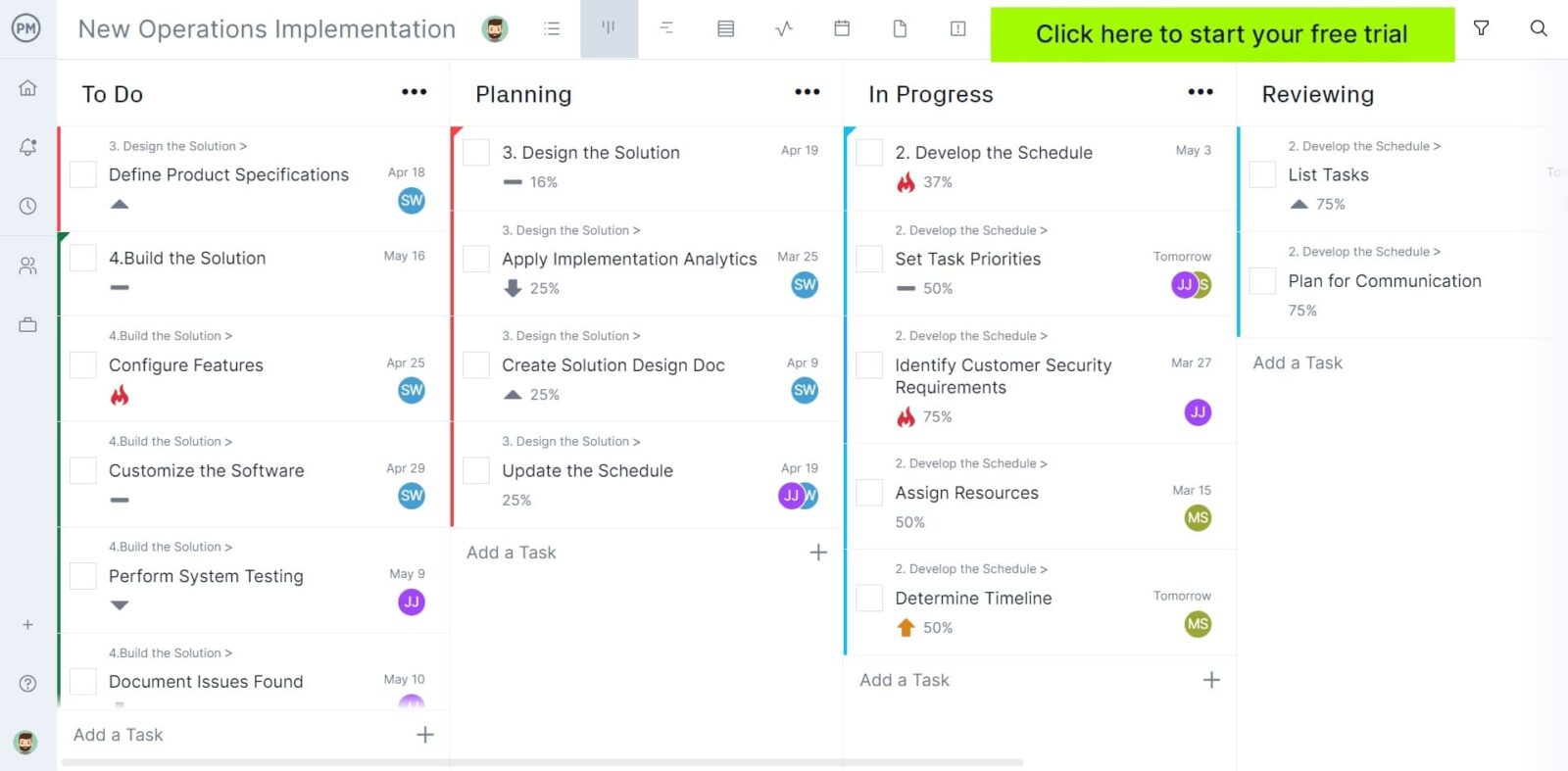 Kanban board in ProjectManager