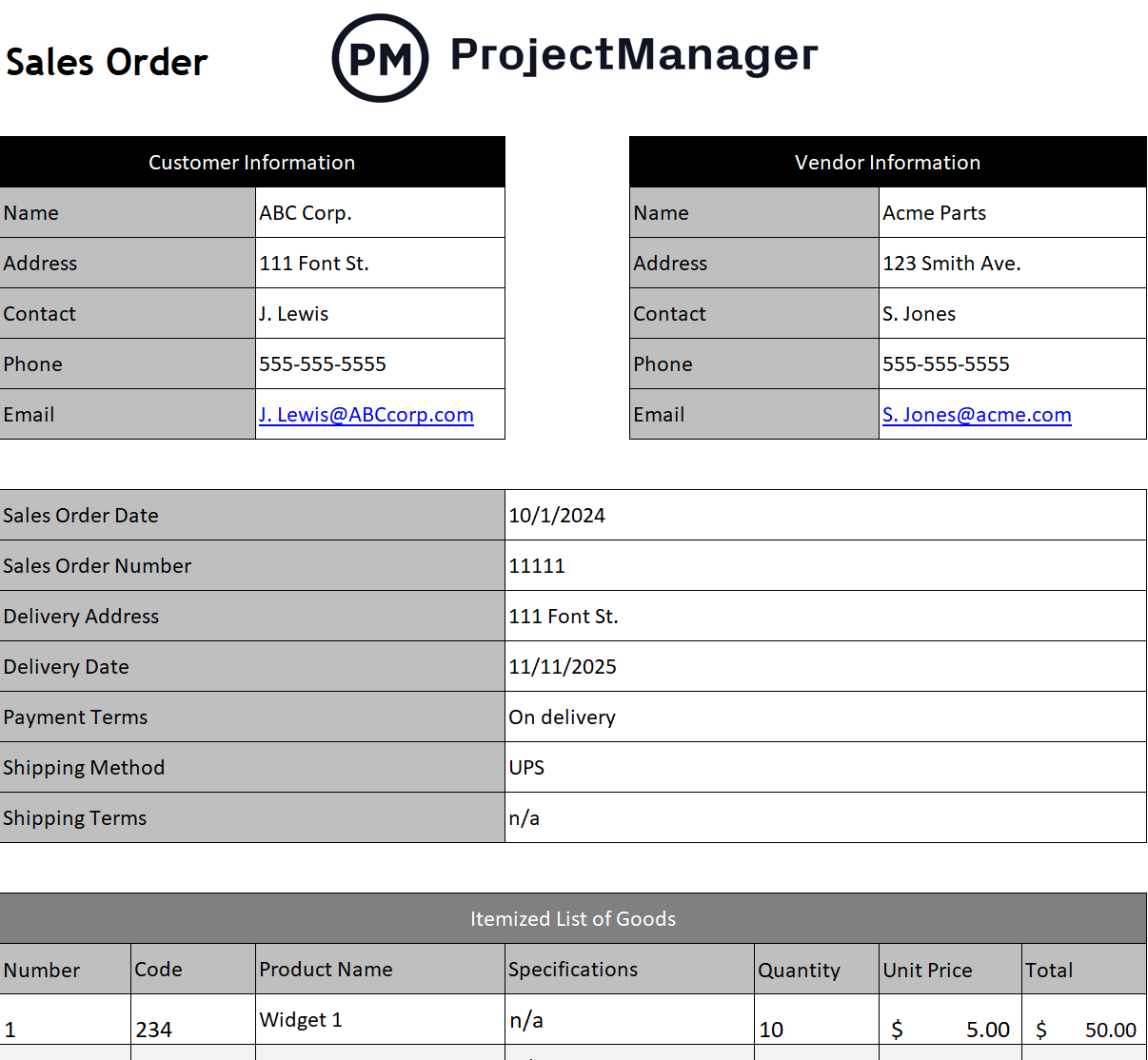 Screenshot of the sales order template in ProjectManager