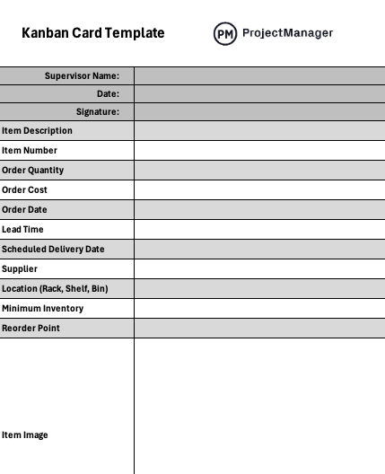 Kanban card template for Excel ProjectManager